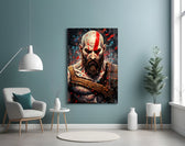 Kratos glass wall art styled above a sideboard in a media room
