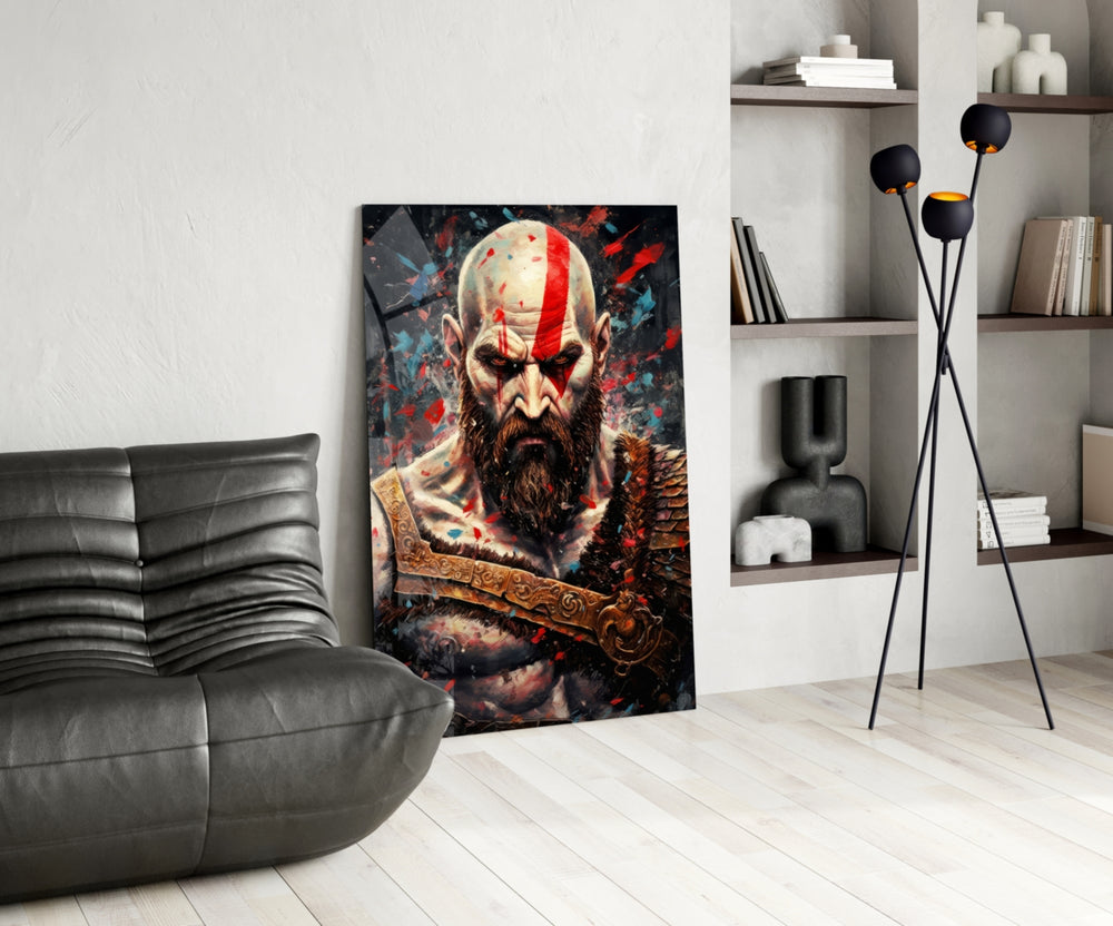 Kratos panel adding editorial drama to a hallway