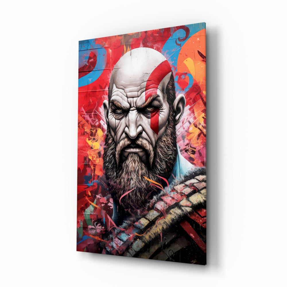 Kratos glass wall art displayed above a leather sofa in a man cave