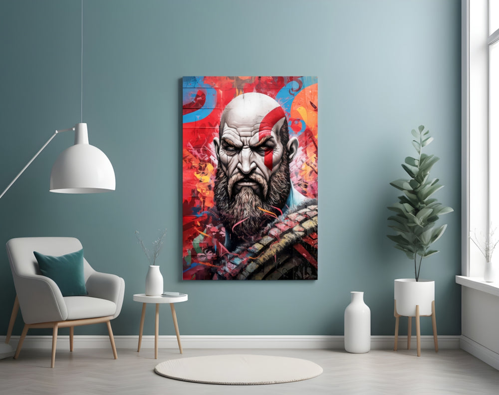 Kratos glass wall art styled above a sideboard in a media room