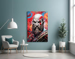 Kratos glass wall art styled above a sideboard in a media room