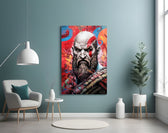 Kratos glass wall art styled above a sideboard in a media room