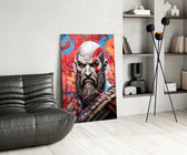 Kratos panel adding editorial drama to a hallway