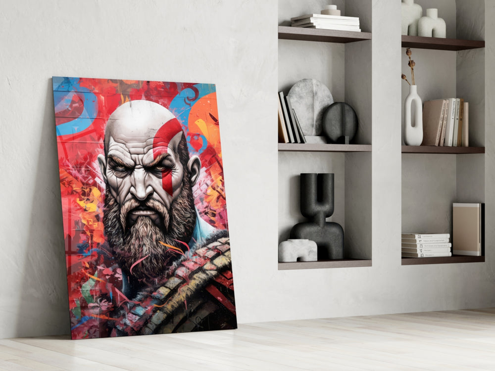 Kratos glass print enhancing a den with statement firepower