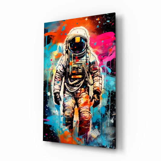 Astronaut glass wall art displayed above a desk in a teen room