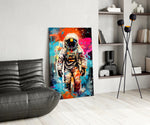 Astronaut panel adding editorial drama to a hallway