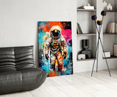 Astronaut panel adding editorial drama to a hallway