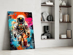 Astronaut glass print enhancing a media room with statement adventure