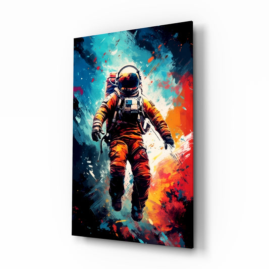 Astronaut glass wall art displayed above a desk in a teen room
