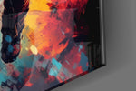 Sci-fi-explorer artwork anchoring a wall with sapphire-and-saffron palette