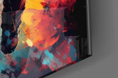 Sci-fi-explorer artwork anchoring a wall with sapphire-and-saffron palette