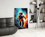 Astronaut panel adding editorial drama to a hallway
