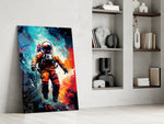 Astronaut glass print enhancing a media room with statement adventure
