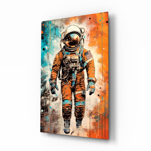 Astronaut glass wall art displayed above a desk in a teen room
