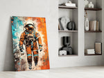 Astronaut glass print enhancing a media room with statement adventure