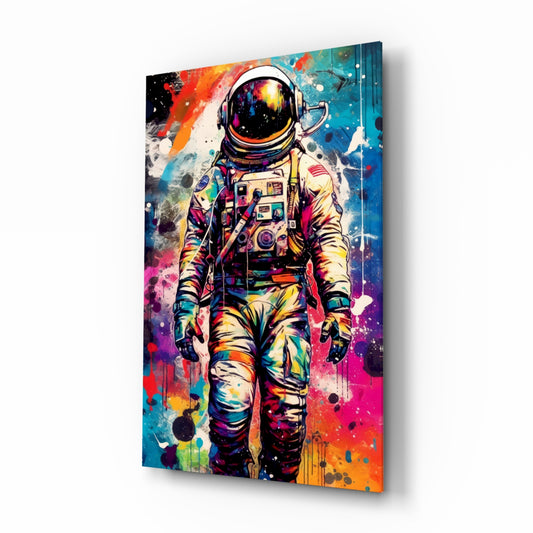 Astronaut glass wall art displayed above a desk in a teen room