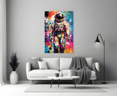 Astronaut close-up showing US flag patch and spectrum splatter