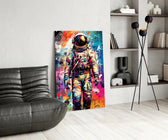 Astronaut panel adding editorial drama to a hallway