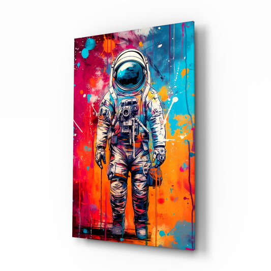 Astronaut glass wall art displayed above a desk in a teen room