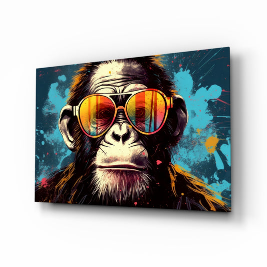 Cool Monkey glass wall art displayed above a desk in a teen room