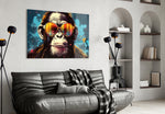 Cool Monkey glass wall art styled above a sideboard in a media room