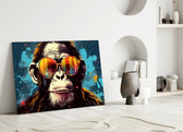 Cool Monkey close-up showing rainbow aviators and teal splatter