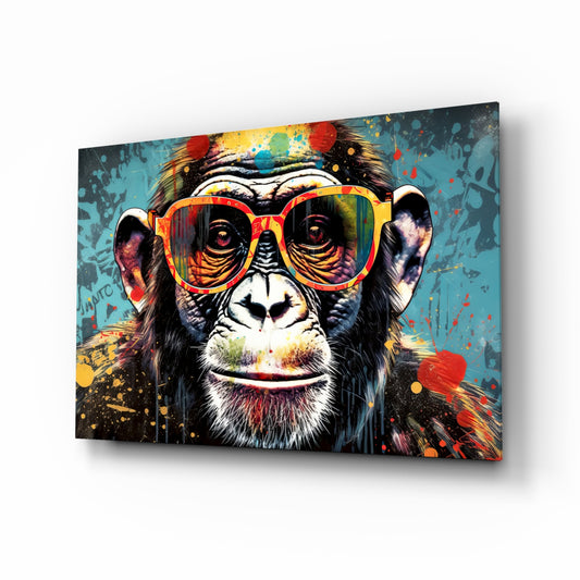 Cool Monkey glass wall art displayed above a desk in a teen room