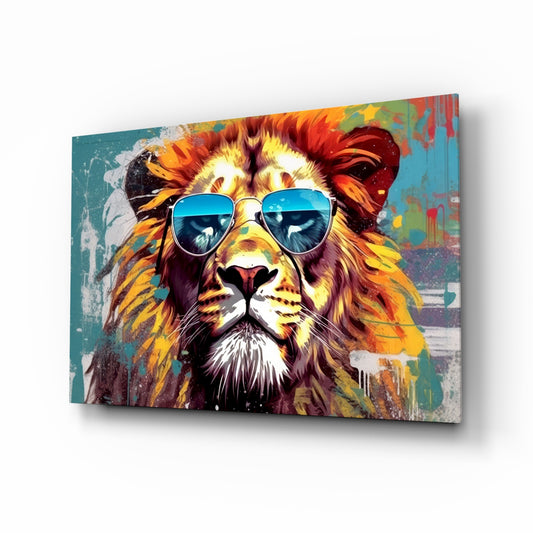 Cool Lion glass wall art displayed above a desk in a teen room