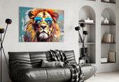 Cool Lion glass wall art styled above a sideboard in a media room