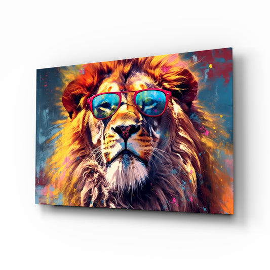 Cool Lion glass wall art displayed above a desk in a teen room