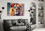Cool Lion glass wall art styled above a sideboard in a media room