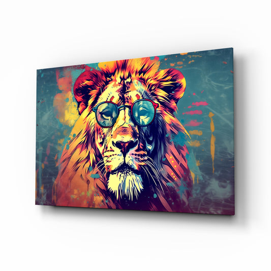 Cool Lion glass wall art displayed above a desk in a teen room