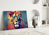 Cool Lion close-up showing copper round sunglasses and gold mane