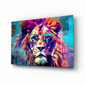 Cool Lion glass wall art displayed above a desk in a teen room