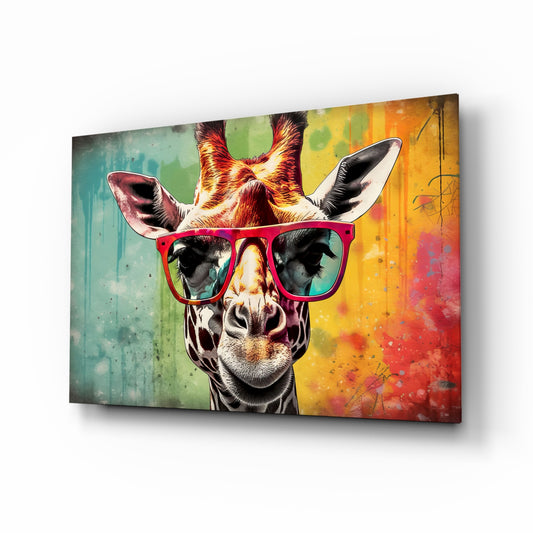 Cool Giraffe glass wall art displayed above a desk in a teen room