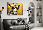 Cool Giraffe glass wall art styled above a sideboard in a study