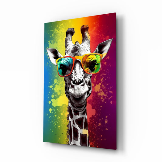 Cool Giraffe glass wall art displayed above a desk in a teen room