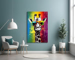 Cool Giraffe glass wall art styled above a sideboard in a creative office