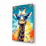 Cool Giraffe glass wall art displayed above a console in a sunroom