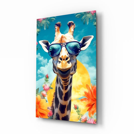 Cool Giraffe glass wall art displayed above a console in a sunroom