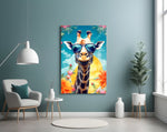 Cool Giraffe glass wall art styled above a sideboard in a creative office