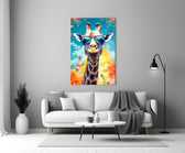 Cool Giraffe close-up showing navy aviators and yellow sunset