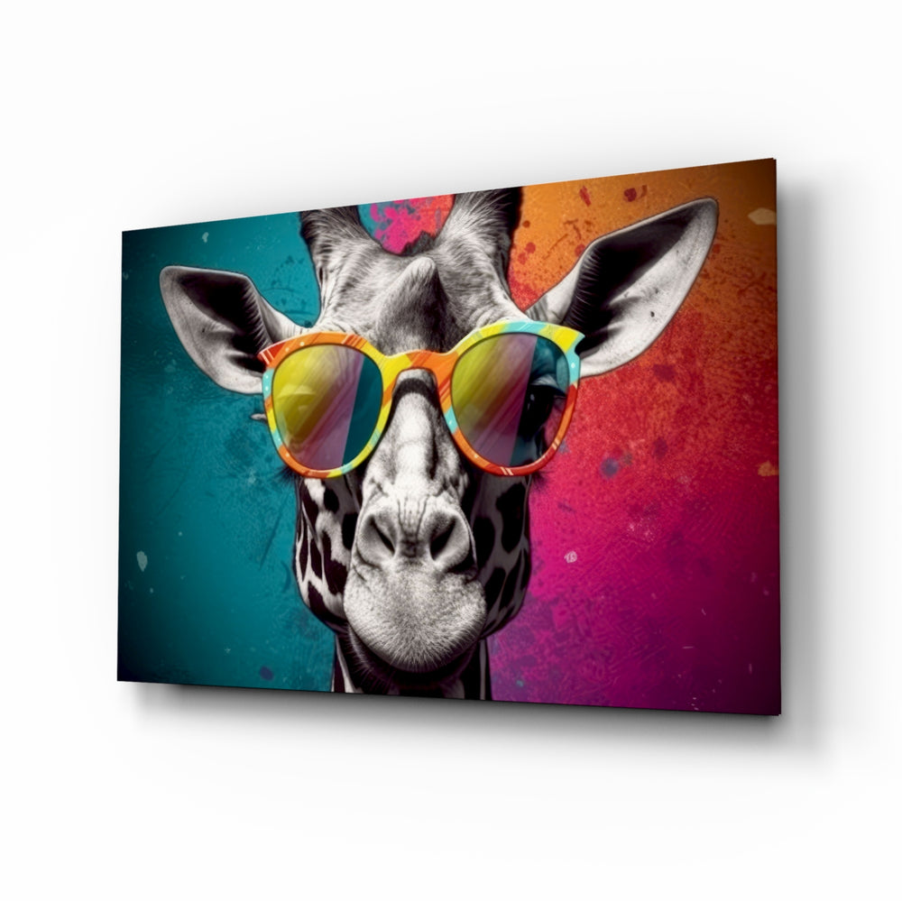 Cool Giraffe glass wall art displayed above a desk in a teen room