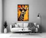 Cool Giraffe close-up showing scarlet cat-eye sunglasses and marigold poster
