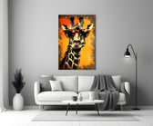 Cool Giraffe close-up showing scarlet cat-eye sunglasses and marigold poster