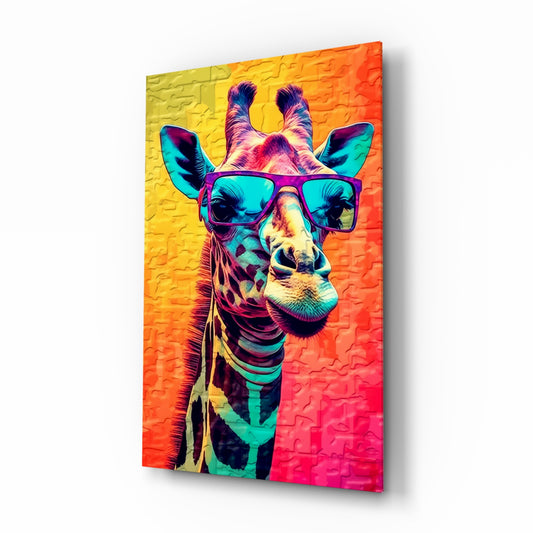 Cool Giraffe glass wall art displayed above a desk in a teen room