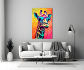 Cool Giraffe close-up showing violet wayfarers and mosaic gradient