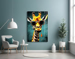 Cool Giraffe glass wall art styled above a sideboard in a creative office