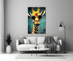Cool Giraffe close-up showing Mexican folk-frame sunglasses and teal grunge