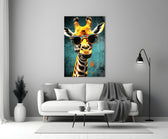 Cool Giraffe close-up showing Mexican folk-frame sunglasses and teal grunge